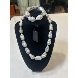 Necklace Bracelet Set Gray Baroque Pearl 14K Gold Womens Statement Jewelry